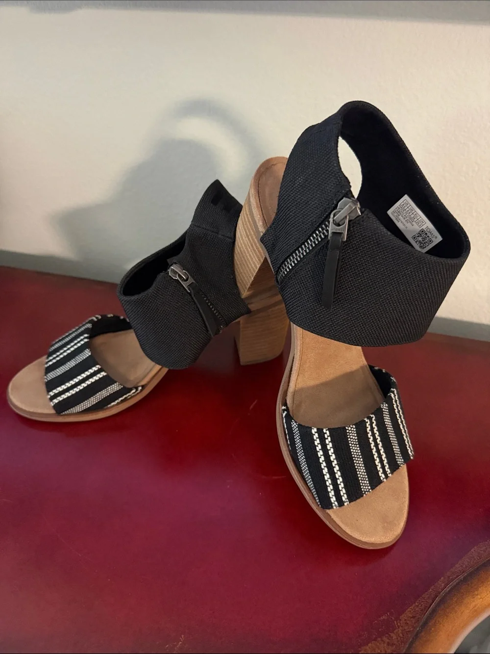 Toms Black Strappy Block Heel Sandals with Striped Toe Band